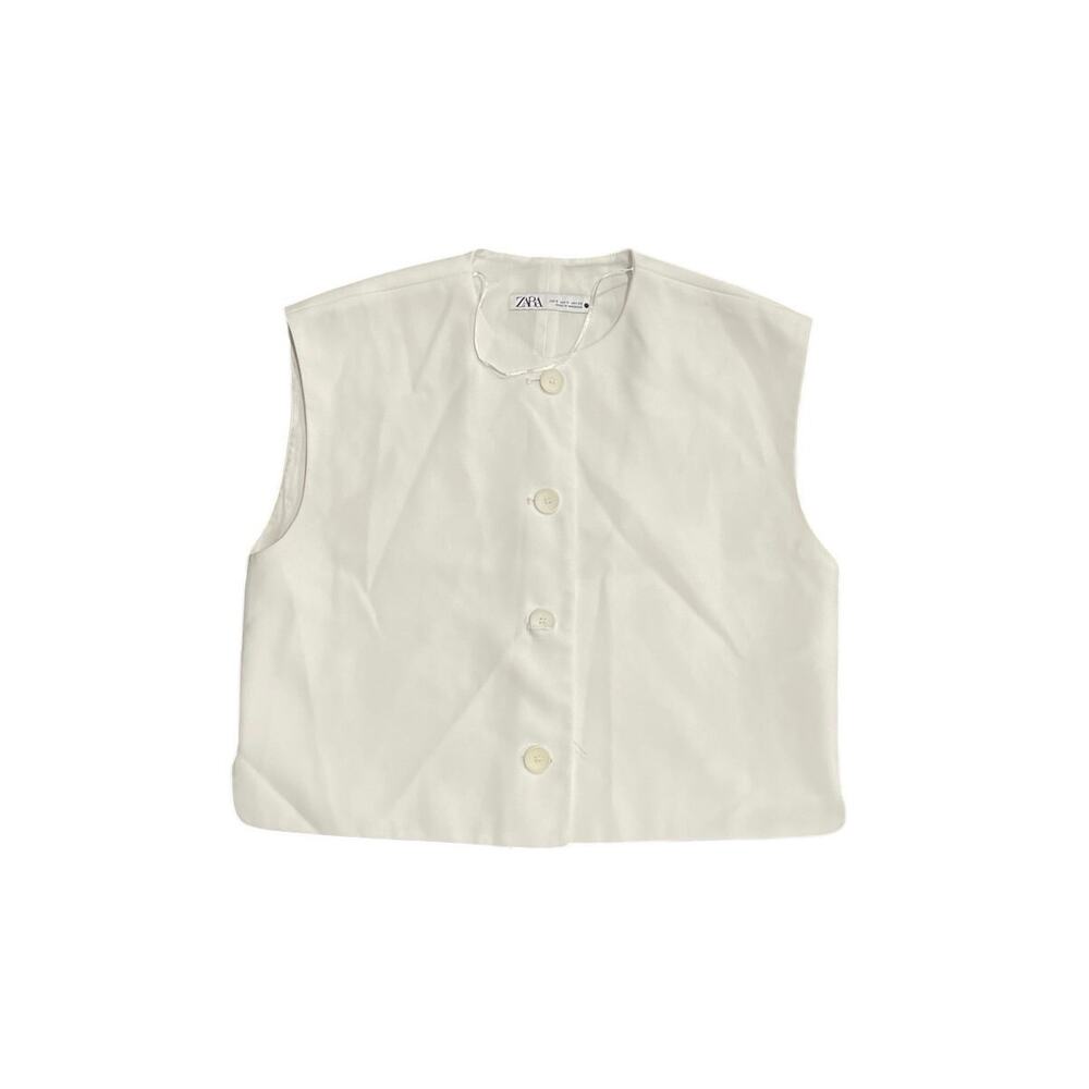 Zara White Cropped Tailored Sleeveless Button Up Vest SZ S Career Office Preppy